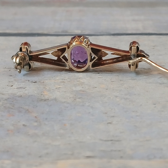 Antique Victorian 14K Yellow Gold Amethyst Bar Brooch Pin 5.7 Grams 1.8" - Picture 10 of 16